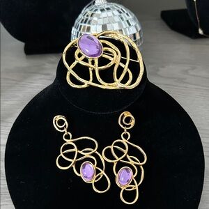 Vintage Avon Gold Brooch and Earring Set with Purple Accents